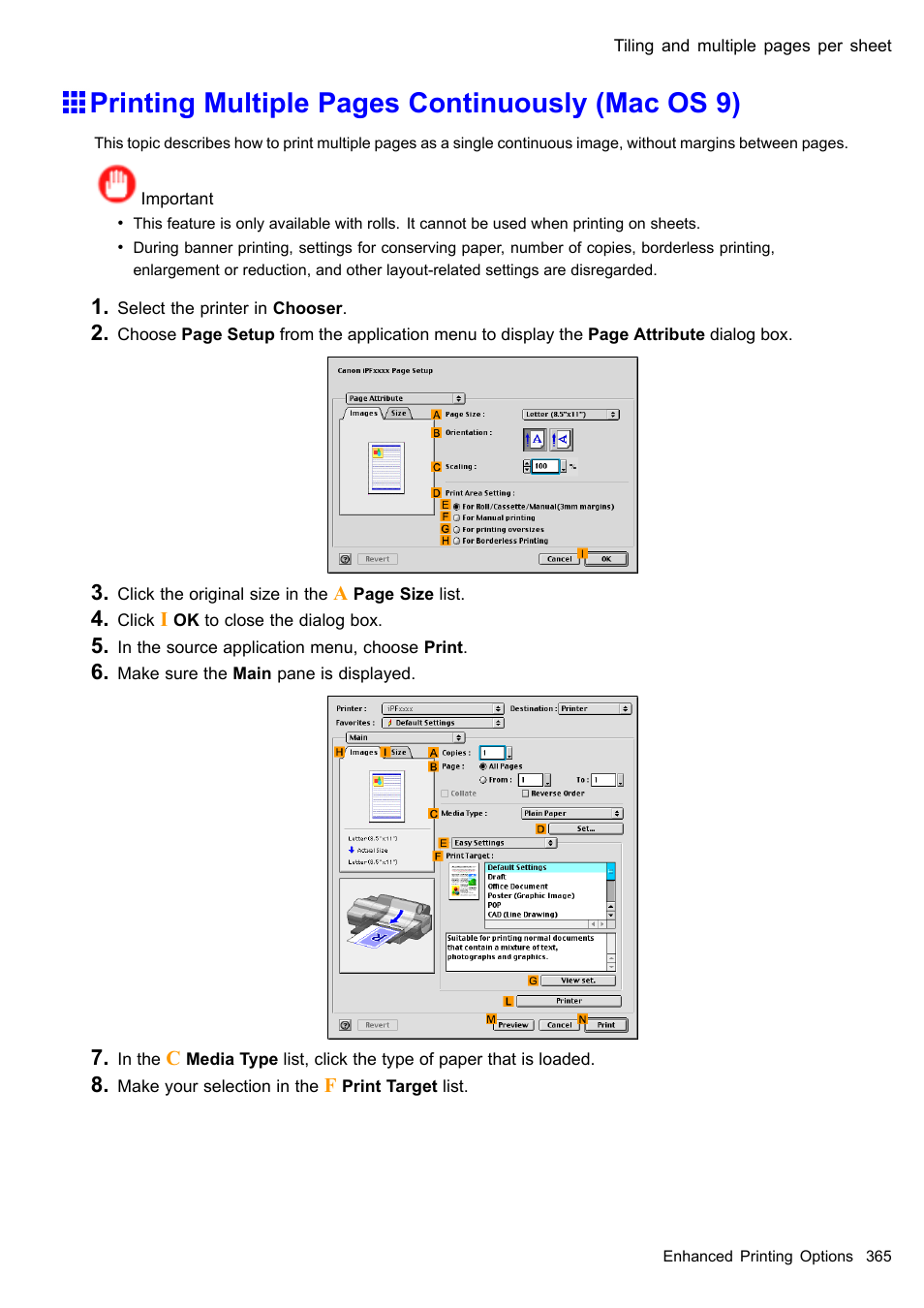 Printing multiple pages continuously (mac os 9) | Canon imagePROGRAF iPF510 User Manual | Page 379 / 724