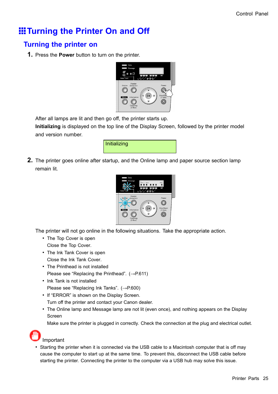 Turning the printer on and off, Turning the printer on | Canon imagePROGRAF iPF510 User Manual | Page 39 / 724