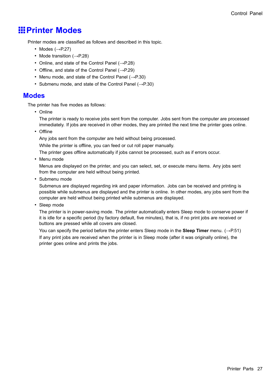 Printer modes, Modes | Canon imagePROGRAF iPF510 User Manual | Page 41 / 724