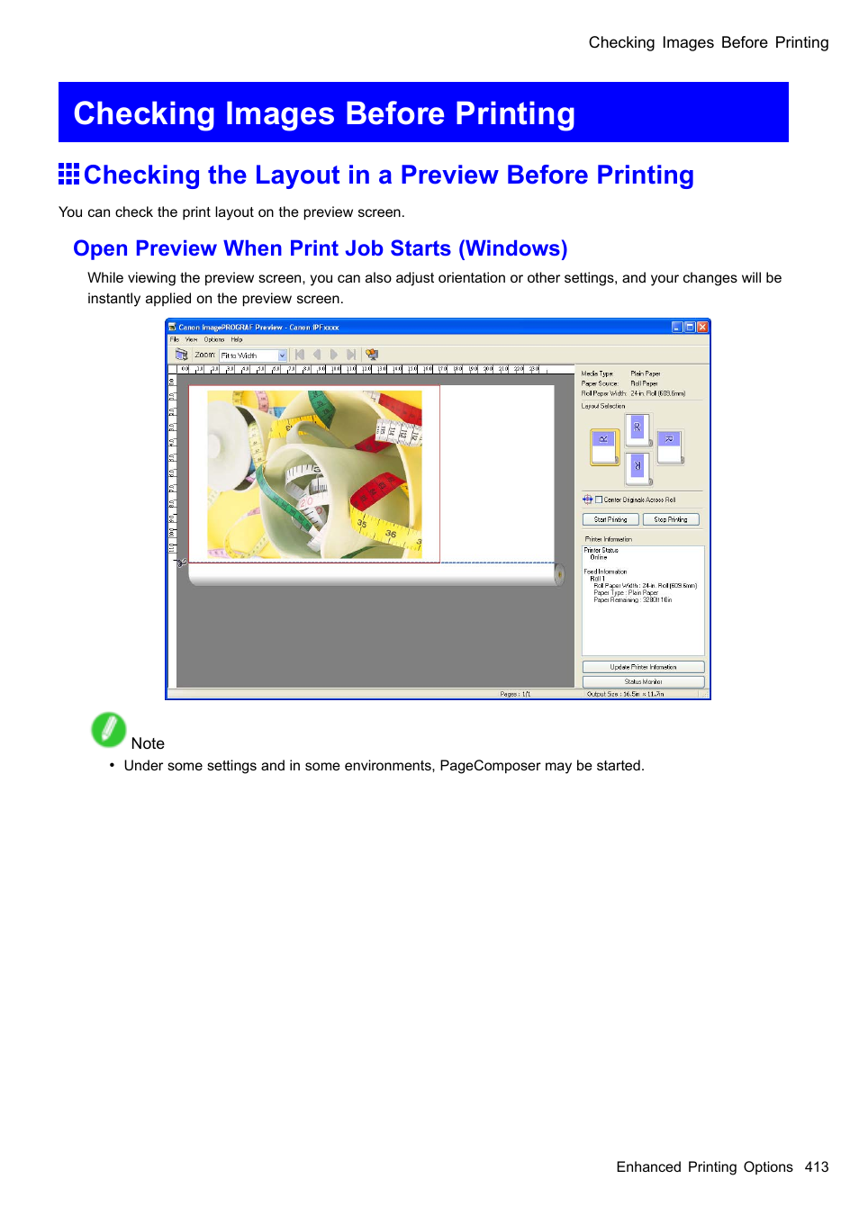 Checking images before printing, Checking the layout in a preview before printing, Open preview when print job starts (windows) | Canon imagePROGRAF iPF510 User Manual | Page 427 / 724