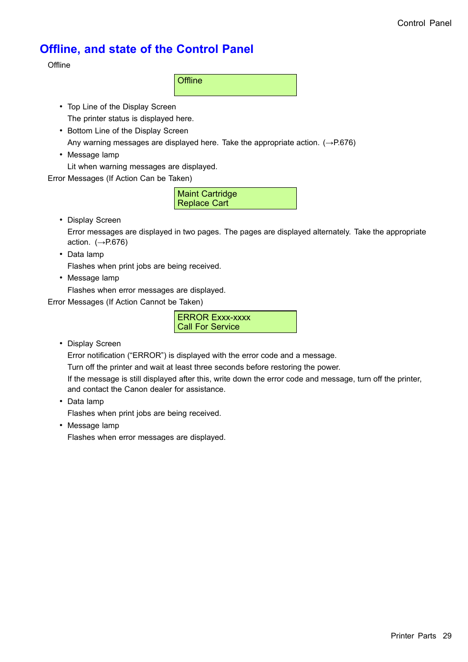 Ofine, and state of the control panel | Canon imagePROGRAF iPF510 User Manual | Page 43 / 724