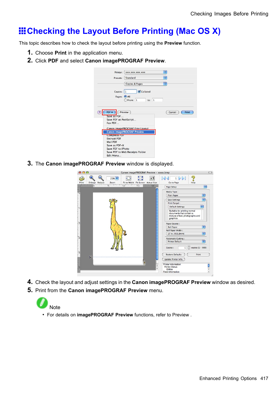 Checking the layout before printing (mac os x) | Canon imagePROGRAF iPF510 User Manual | Page 431 / 724