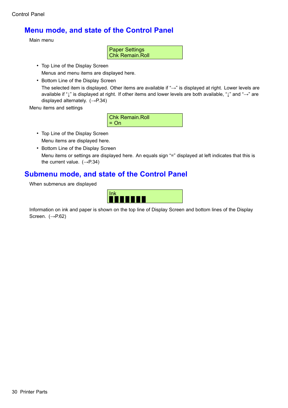 Menu mode, and state of the control panel, Submenu mode, and state of the control panel | Canon imagePROGRAF iPF510 User Manual | Page 44 / 724