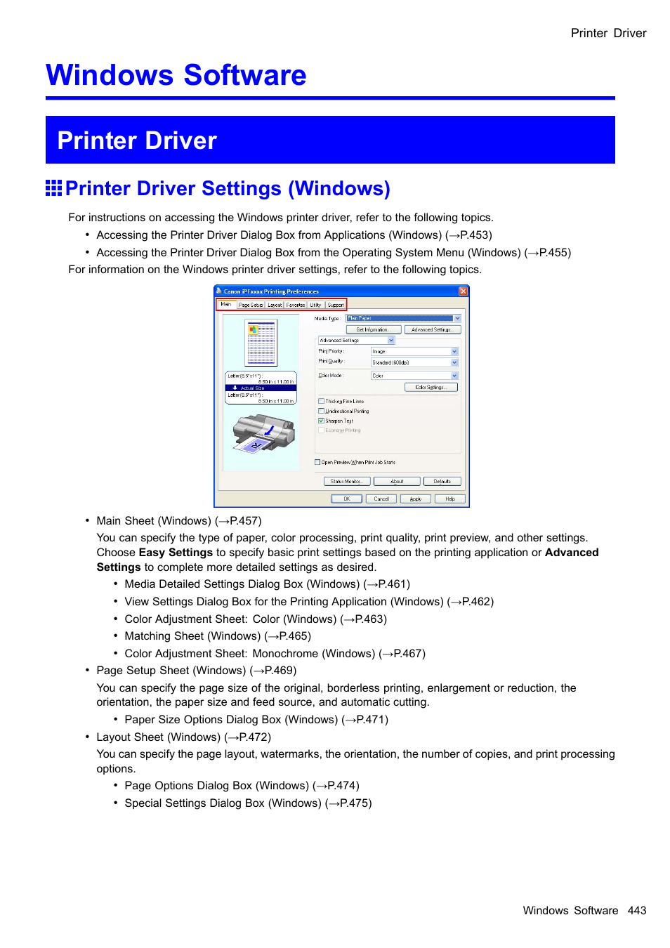 Windows software, Printer driver, Printer driver settings (windows) | Canon imagePROGRAF iPF510 User Manual | Page 457 / 724