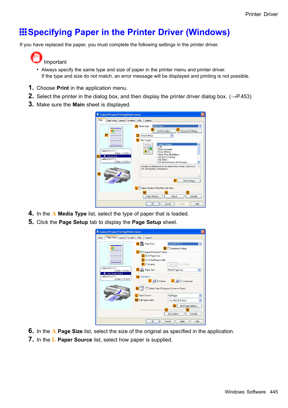 Specifying paper in the printer driver (windows) | Canon imagePROGRAF iPF510 User Manual | Page 459 / 724