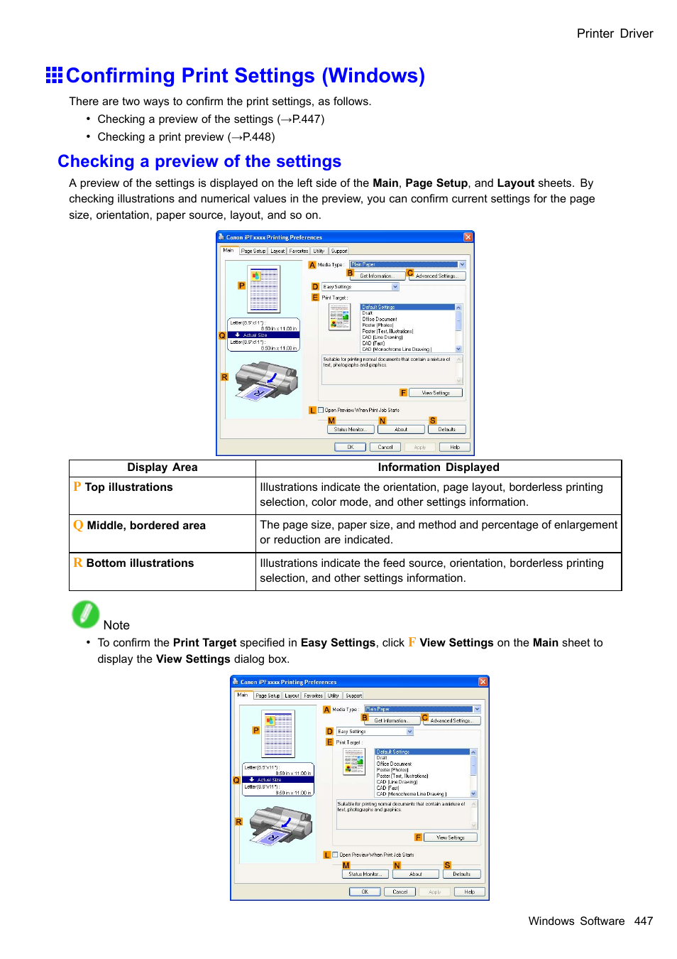 Confirming print settings (windows), Conrming print settings (windows), Checking a preview of the settings | Canon imagePROGRAF iPF510 User Manual | Page 461 / 724