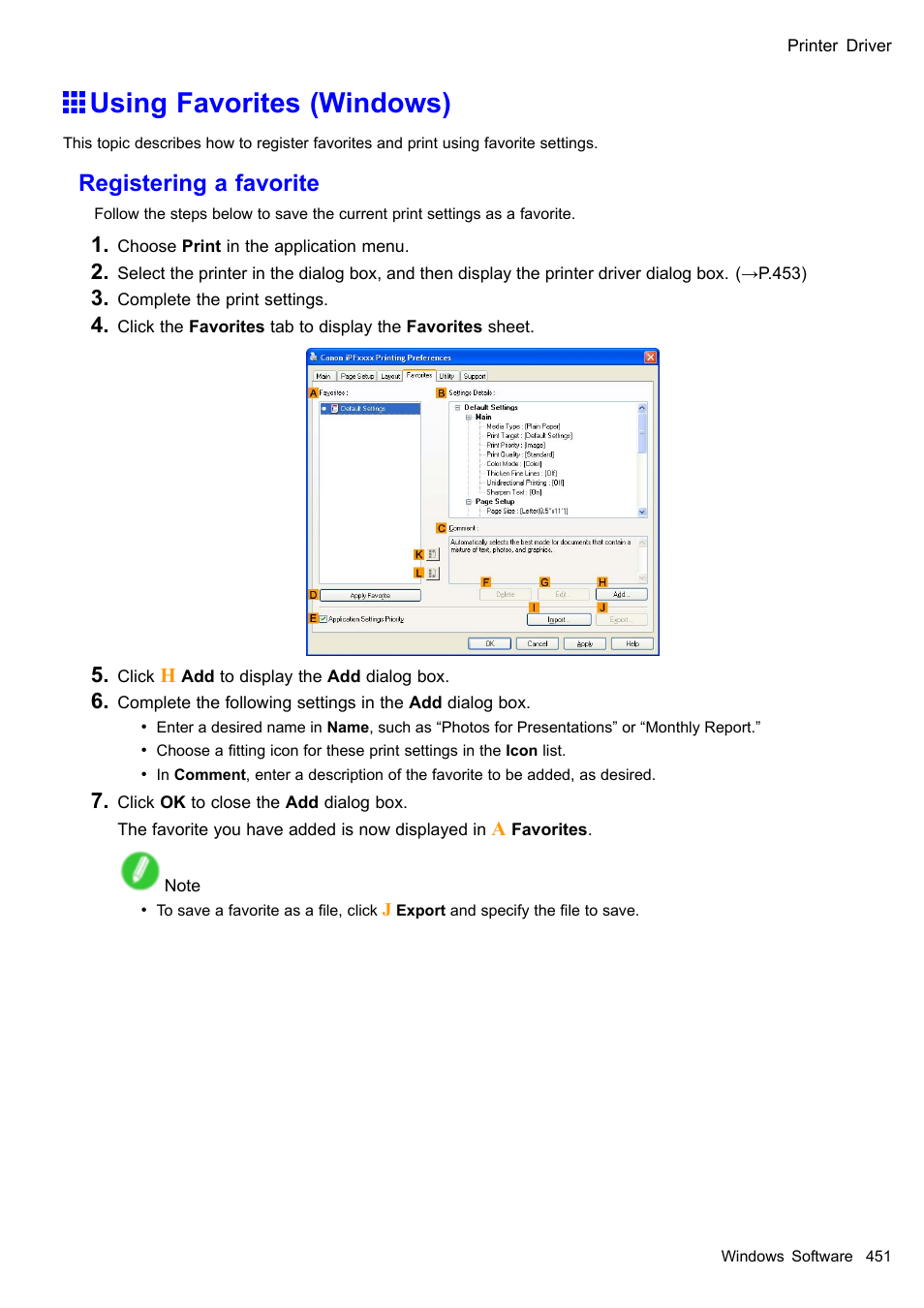 Using favorites (windows), Registering a favorite | Canon imagePROGRAF iPF510 User Manual | Page 465 / 724