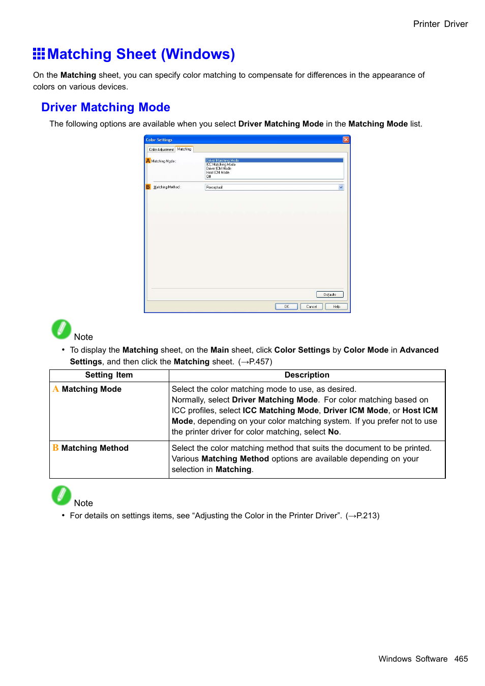Matching sheet (windows), Driver matching mode | Canon imagePROGRAF iPF510 User Manual | Page 479 / 724
