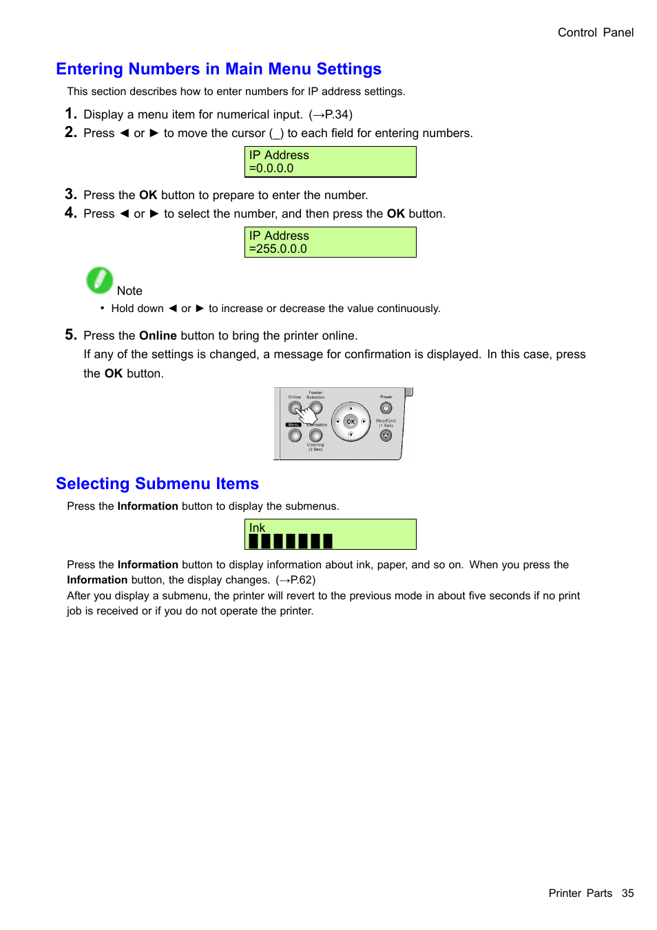 Entering numbers in main menu settings, Selecting submenu items | Canon imagePROGRAF iPF510 User Manual | Page 49 / 724