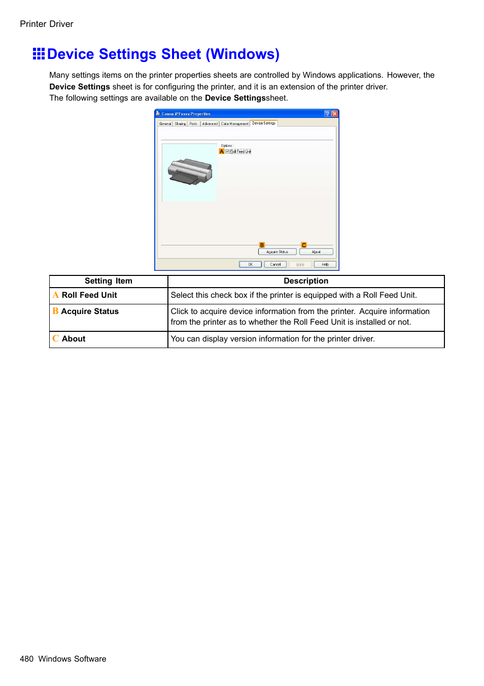 Device settings sheet (windows) | Canon imagePROGRAF iPF510 User Manual | Page 494 / 724