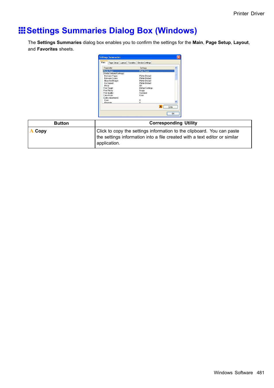 Settings summaries dialog box (windows) | Canon imagePROGRAF iPF510 User Manual | Page 495 / 724