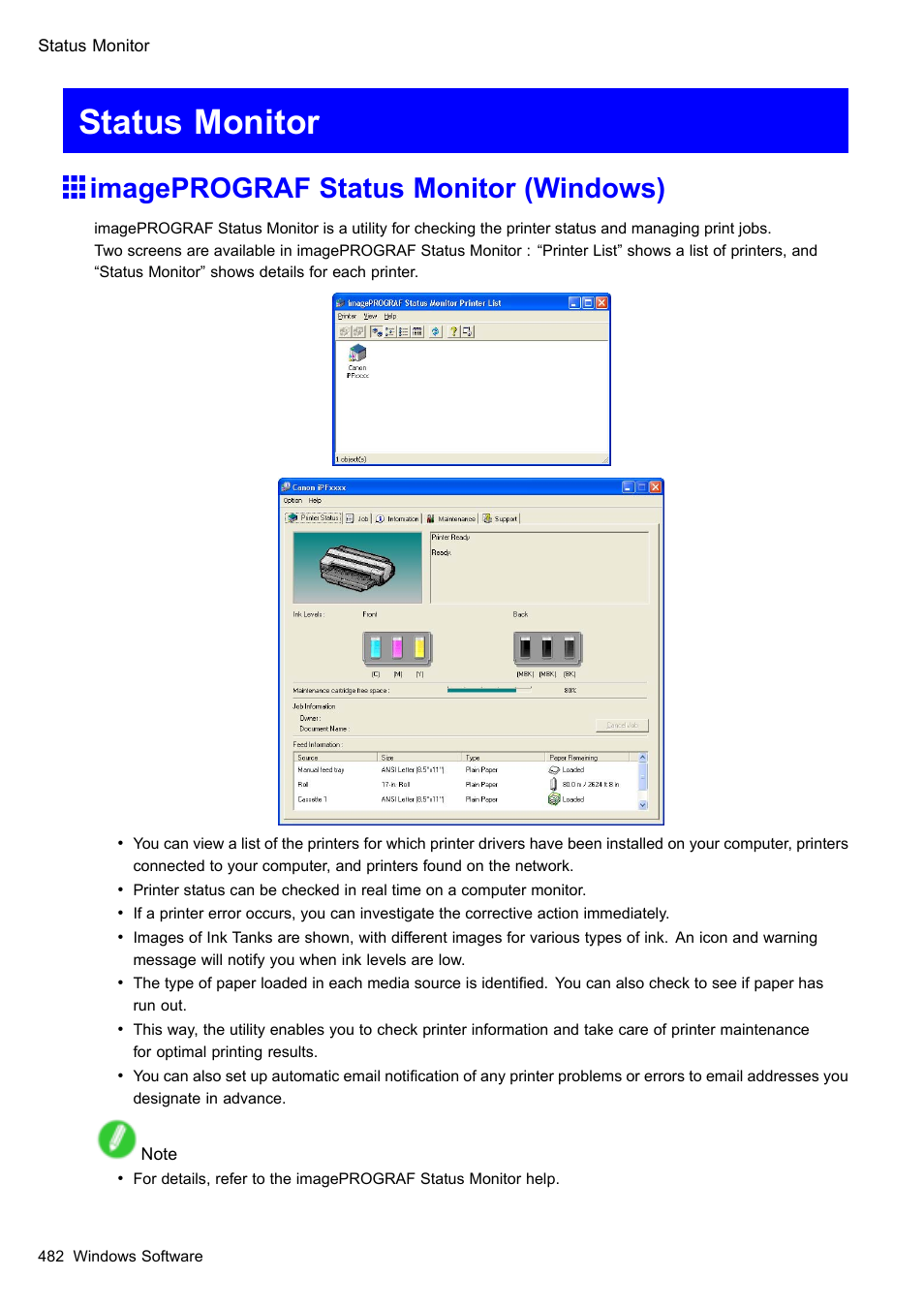 Status monitor, Imageprograf status monitor (windows) | Canon imagePROGRAF iPF510 User Manual | Page 496 / 724