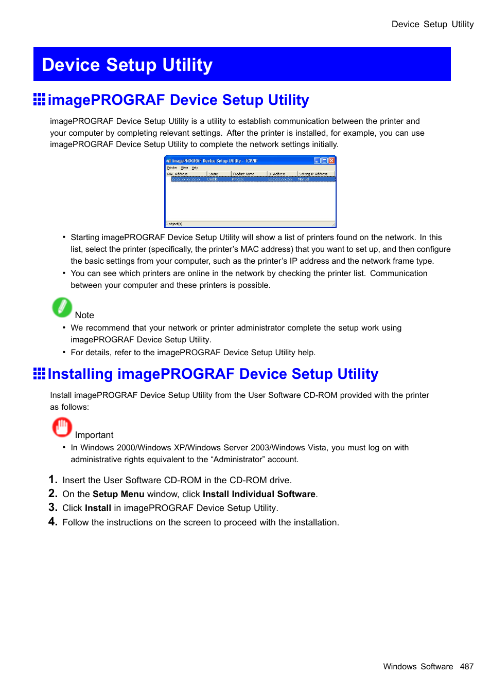 Device setup utility, Imageprograf device setup utility, Installing imageprograf device setup utility | Canon imagePROGRAF iPF510 User Manual | Page 501 / 724