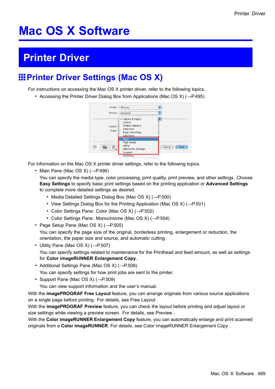 Mac os x software, Printer driver, Printer driver settings (mac os x) | Canon imagePROGRAF iPF510 User Manual | Page 503 / 724