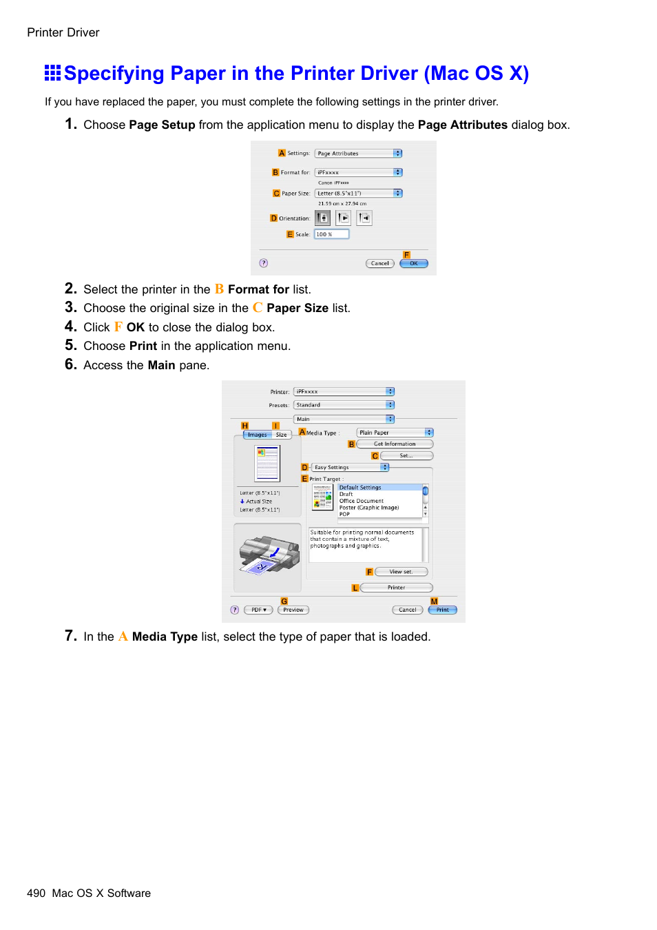 Specifying paper in the printer driver (mac os x) | Canon imagePROGRAF iPF510 User Manual | Page 504 / 724