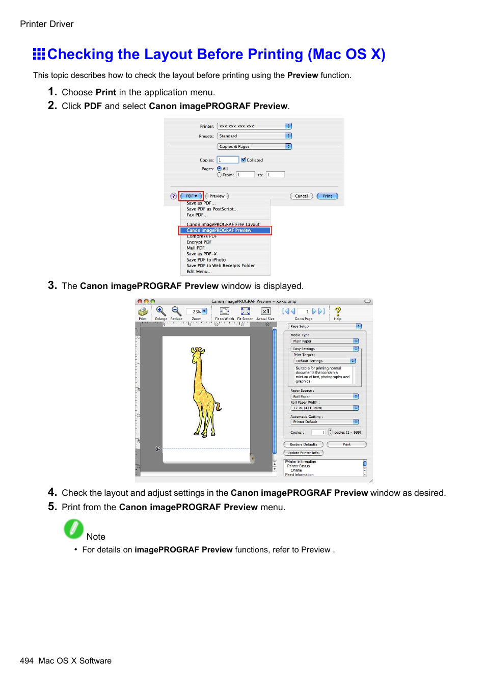 Checking the layout before printing (mac os x) | Canon imagePROGRAF iPF510 User Manual | Page 508 / 724