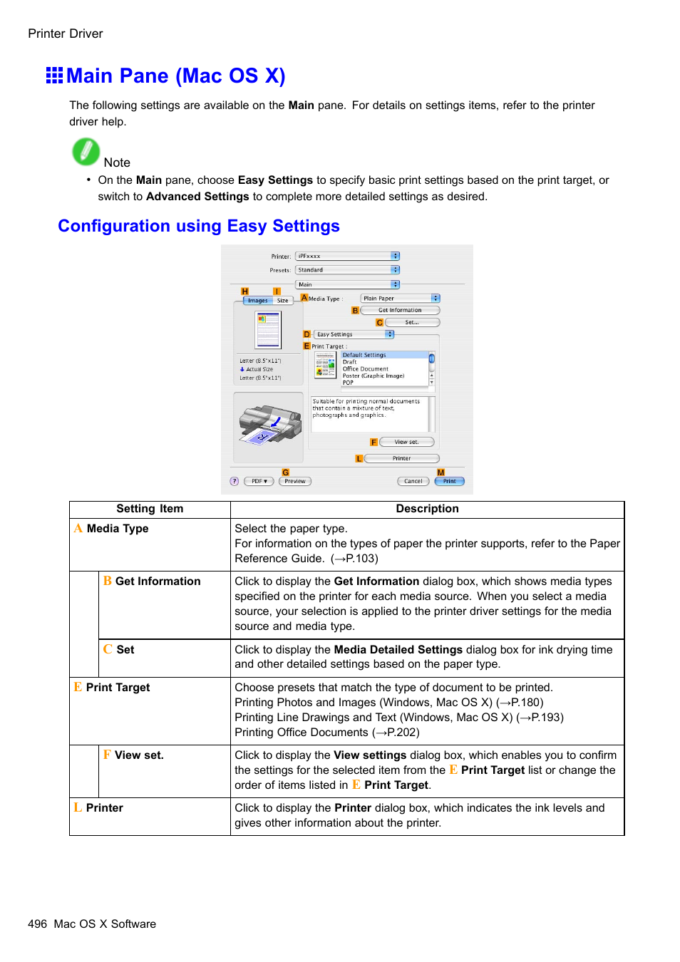 Main pane (mac os x), Conguration using easy settings | Canon imagePROGRAF iPF510 User Manual | Page 510 / 724