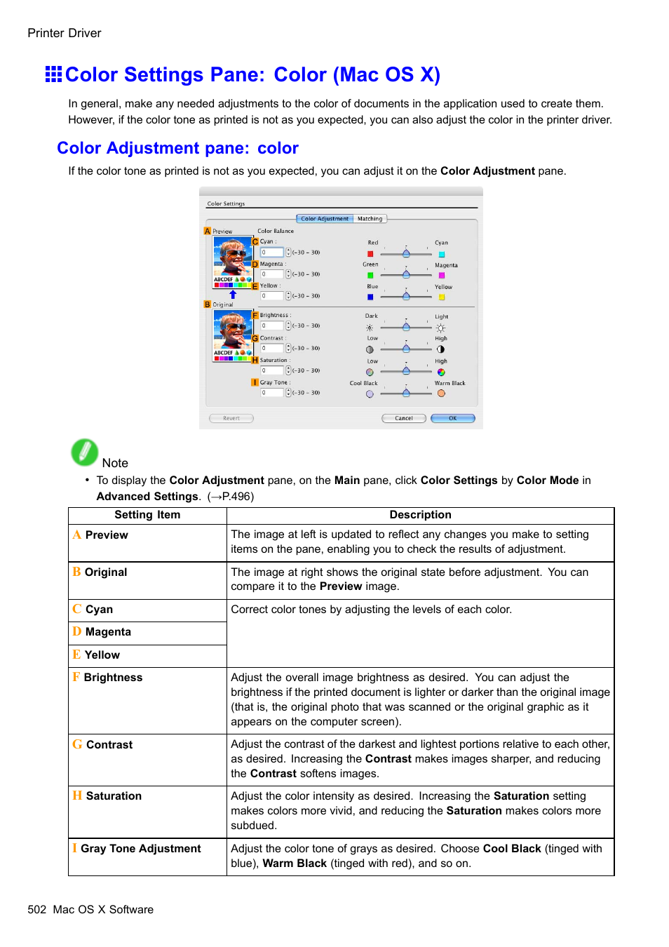 Color settings pane: color (mac os x), Color adjustment pane: color | Canon imagePROGRAF iPF510 User Manual | Page 516 / 724