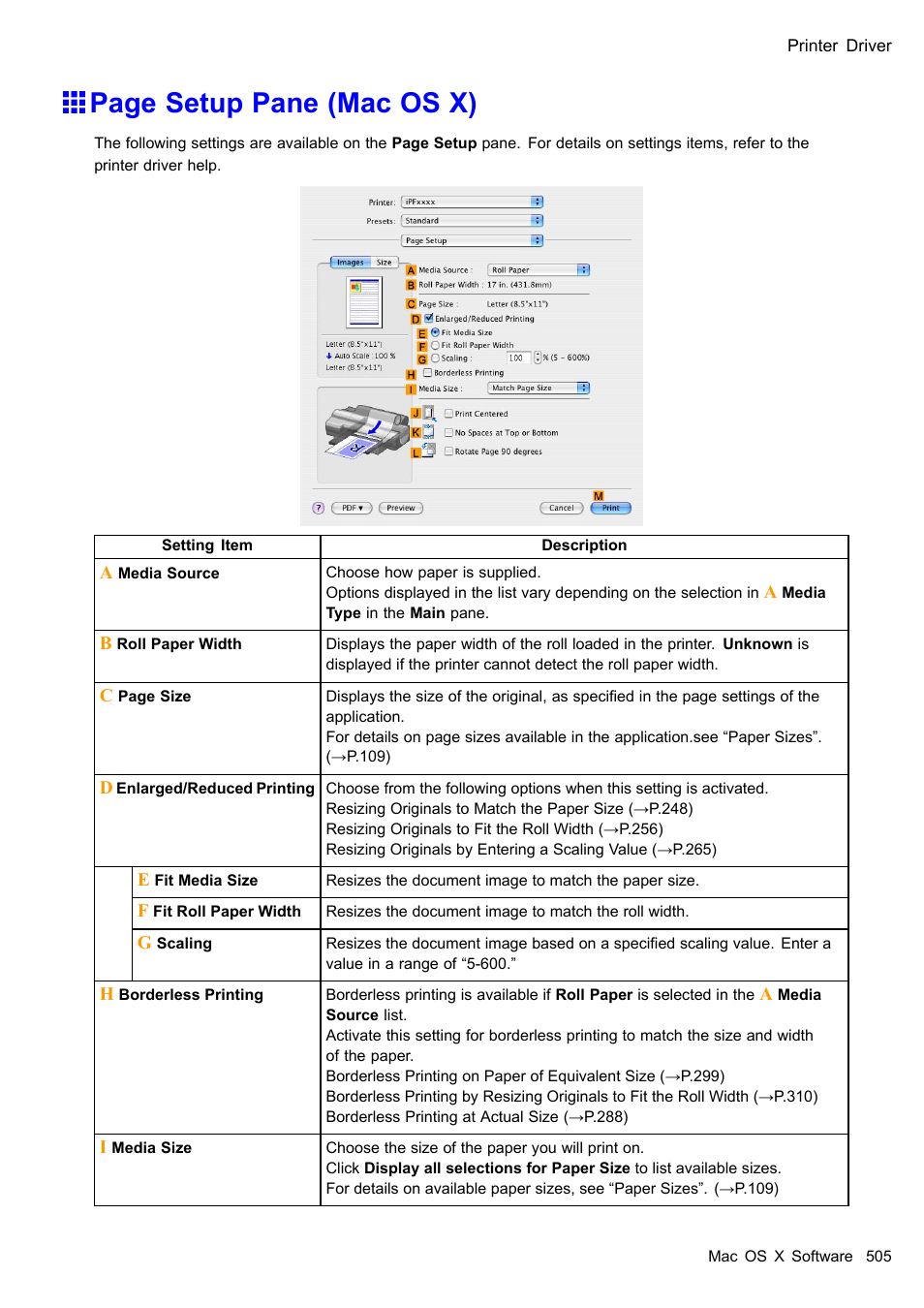 Page setup pane (mac os x) | Canon imagePROGRAF iPF510 User Manual | Page 519 / 724