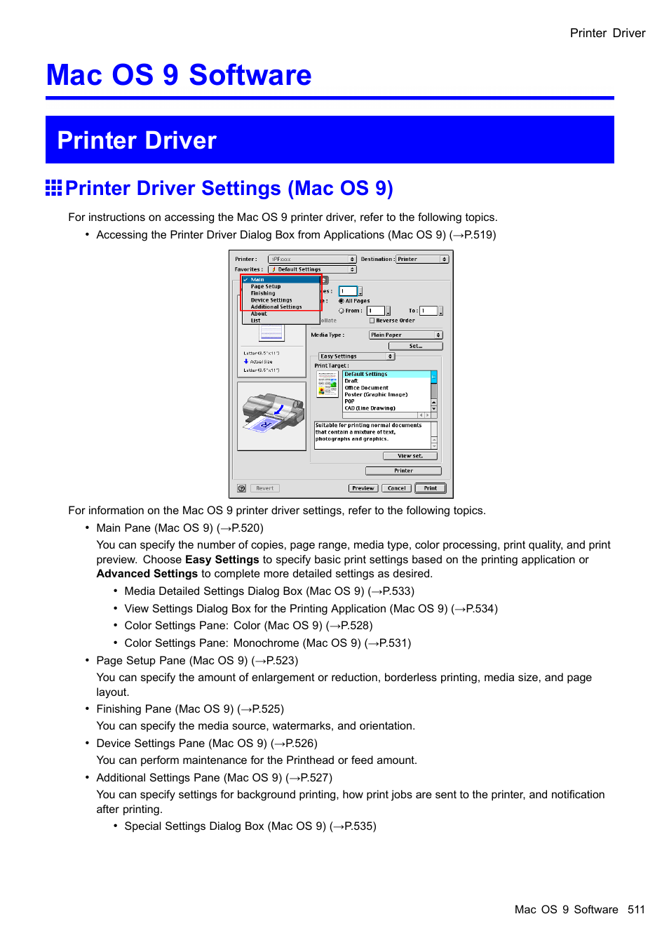 Mac os 9 software, Printer driver, Printer driver settings (mac os 9) | Canon imagePROGRAF iPF510 User Manual | Page 525 / 724