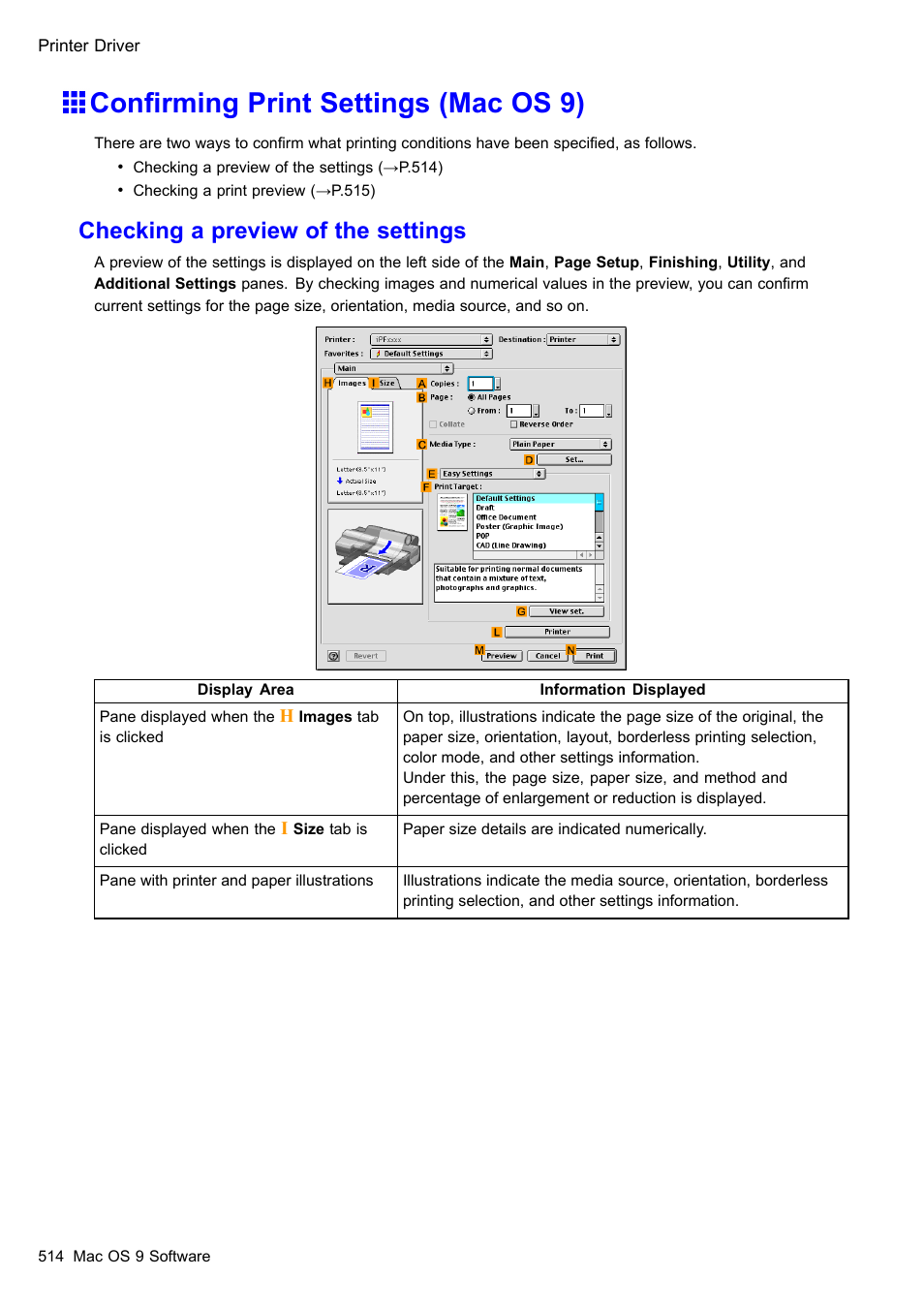 Confirming print settings (mac os 9), Conrming print settings (mac os 9), Checking a preview of the settings | Canon imagePROGRAF iPF510 User Manual | Page 528 / 724