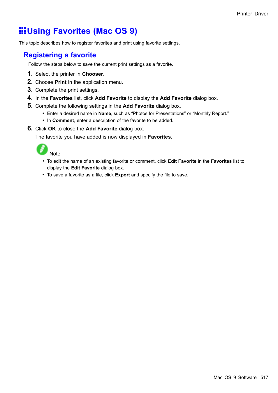 Using favorites (mac os 9), Registering a favorite | Canon imagePROGRAF iPF510 User Manual | Page 531 / 724