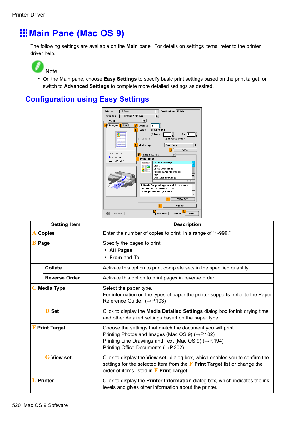 Main pane (mac os 9), Conguration using easy settings | Canon imagePROGRAF iPF510 User Manual | Page 534 / 724