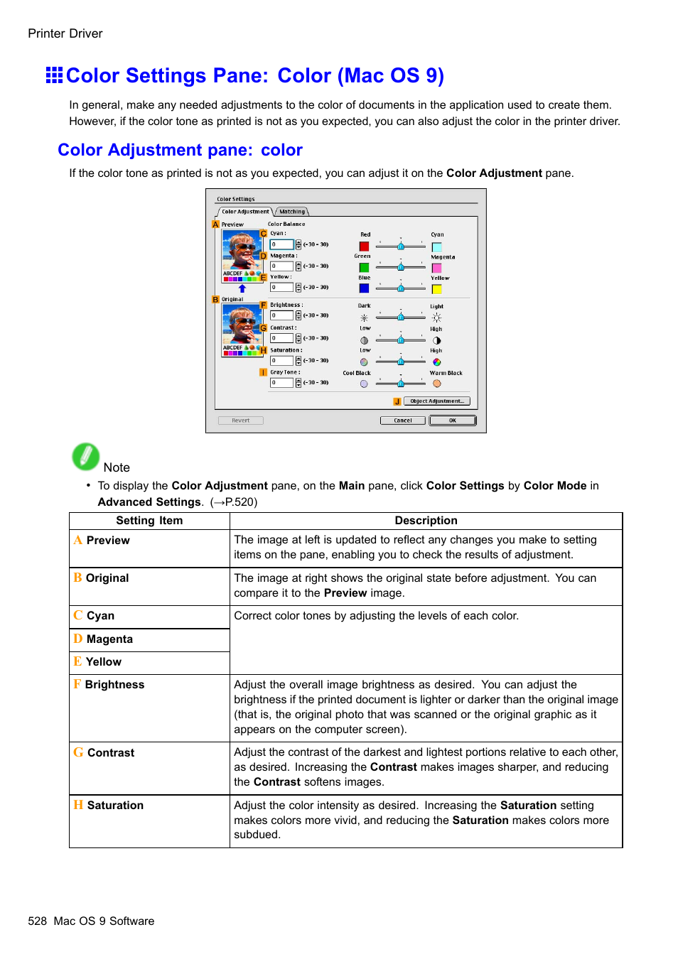 Color settings pane: color (mac os 9), Color adjustment pane: color | Canon imagePROGRAF iPF510 User Manual | Page 542 / 724