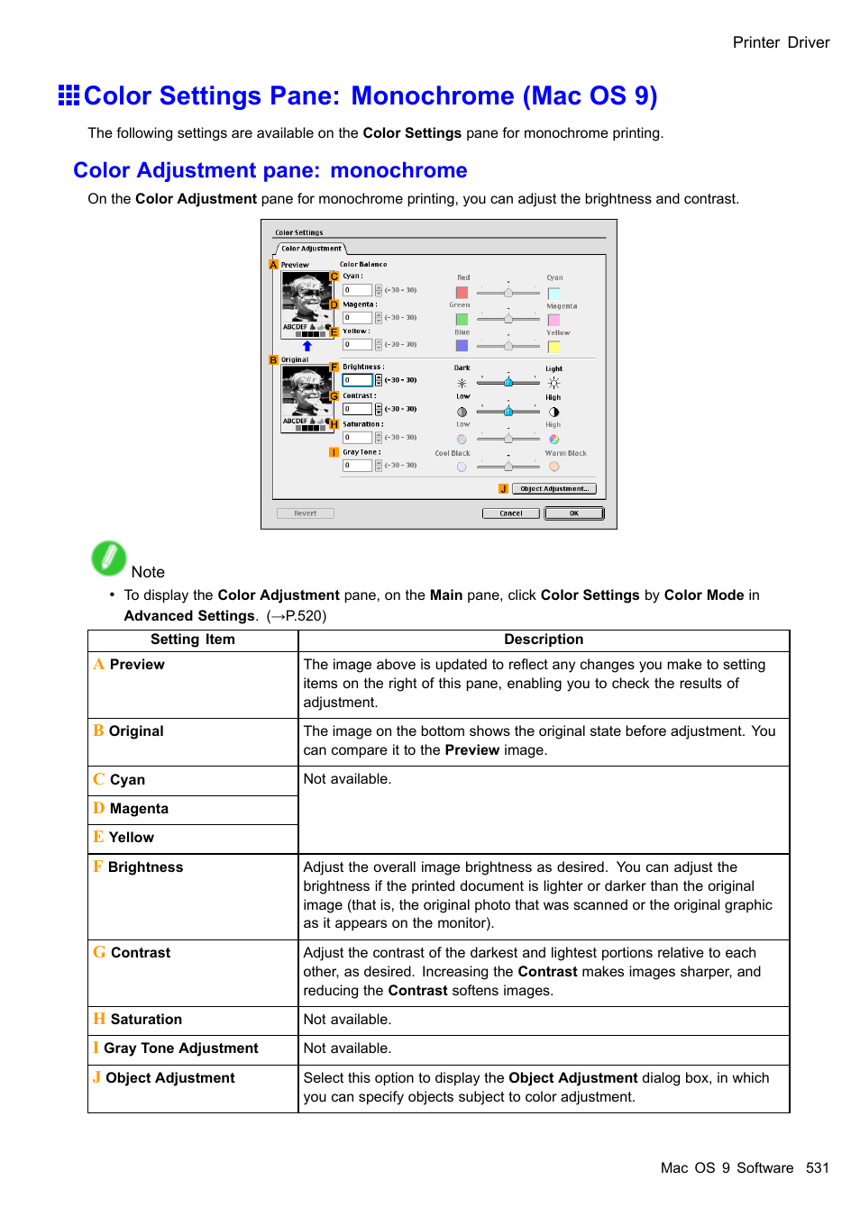 Color settings pane: monochrome (mac os 9), Color adjustment pane: monochrome | Canon imagePROGRAF iPF510 User Manual | Page 545 / 724