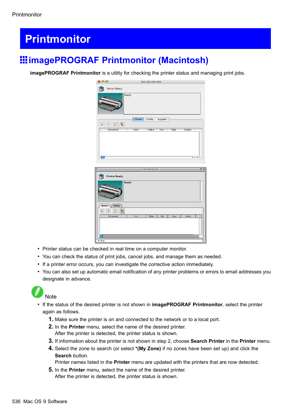 Printmonitor, Imageprograf printmonitor (macintosh) | Canon imagePROGRAF iPF510 User Manual | Page 550 / 724