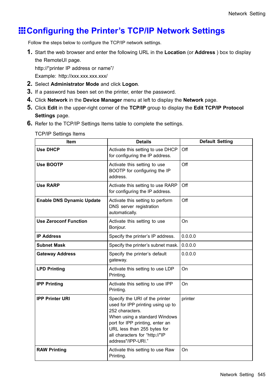 Configuring the printer's tcp/ip network settings, Conguring the printer’s tcp/ip network settings | Canon imagePROGRAF iPF510 User Manual | Page 559 / 724