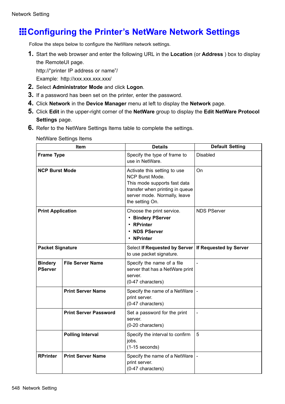 Configuring the printer's netware network settings, Conguring the printer’s netware network settings | Canon imagePROGRAF iPF510 User Manual | Page 562 / 724
