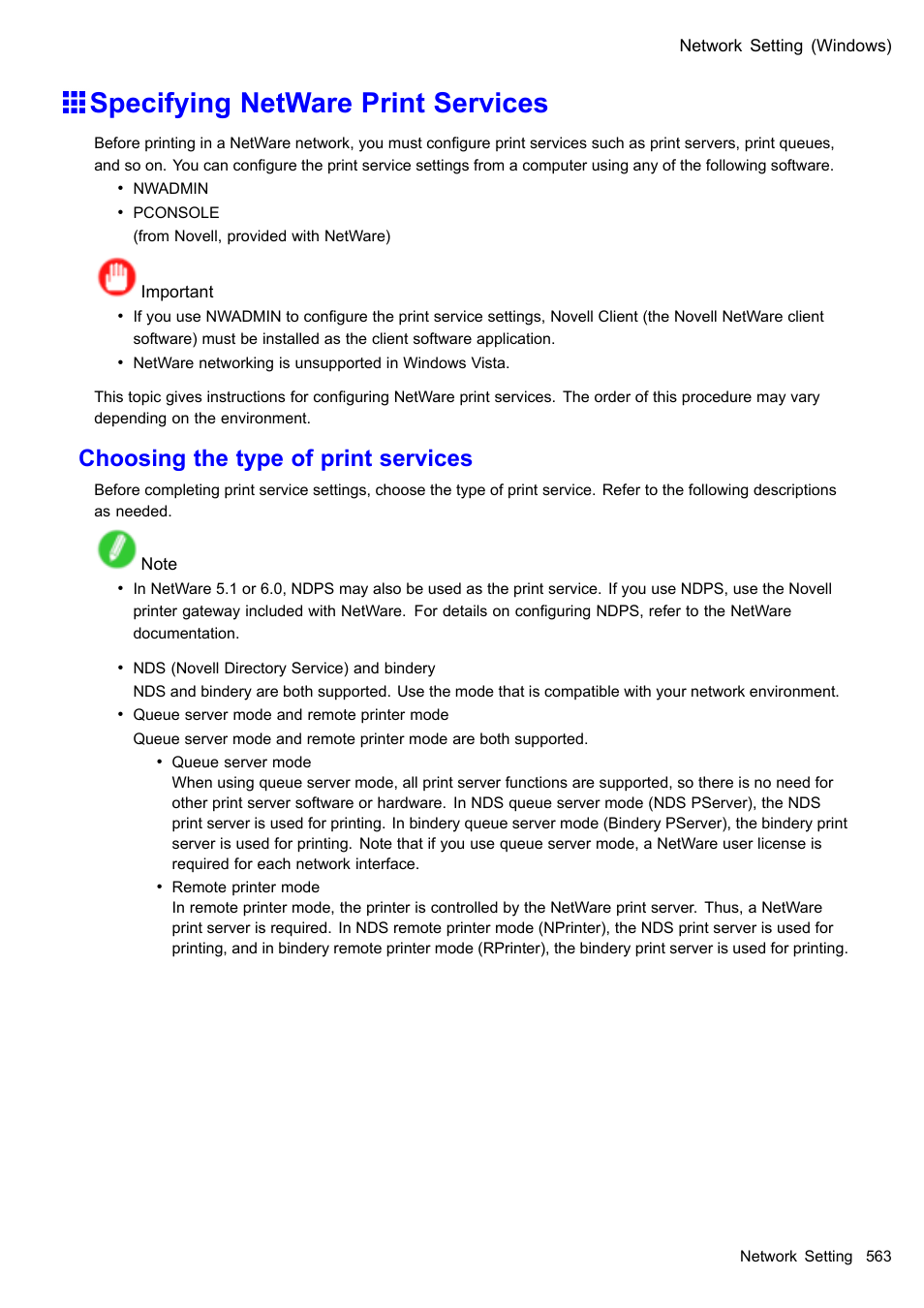 Specifying netware print services, Choosing the type of print services | Canon imagePROGRAF iPF510 User Manual | Page 577 / 724
