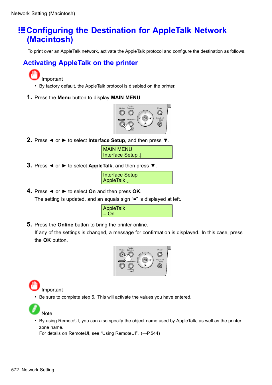 Activating appletalk on the printer | Canon imagePROGRAF iPF510 User Manual | Page 586 / 724