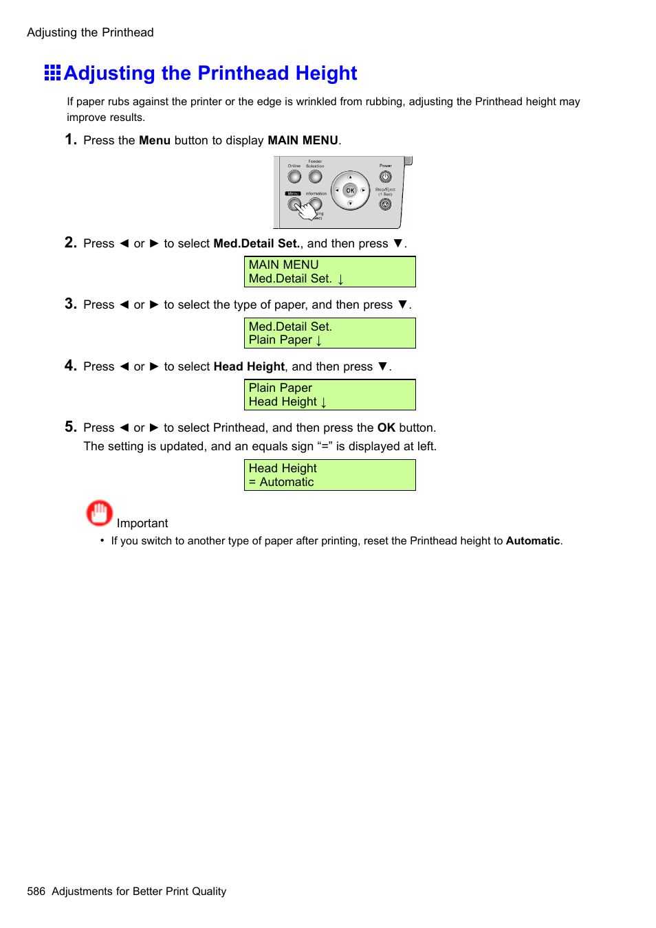 Adjusting the printhead height | Canon imagePROGRAF iPF510 User Manual | Page 600 / 724