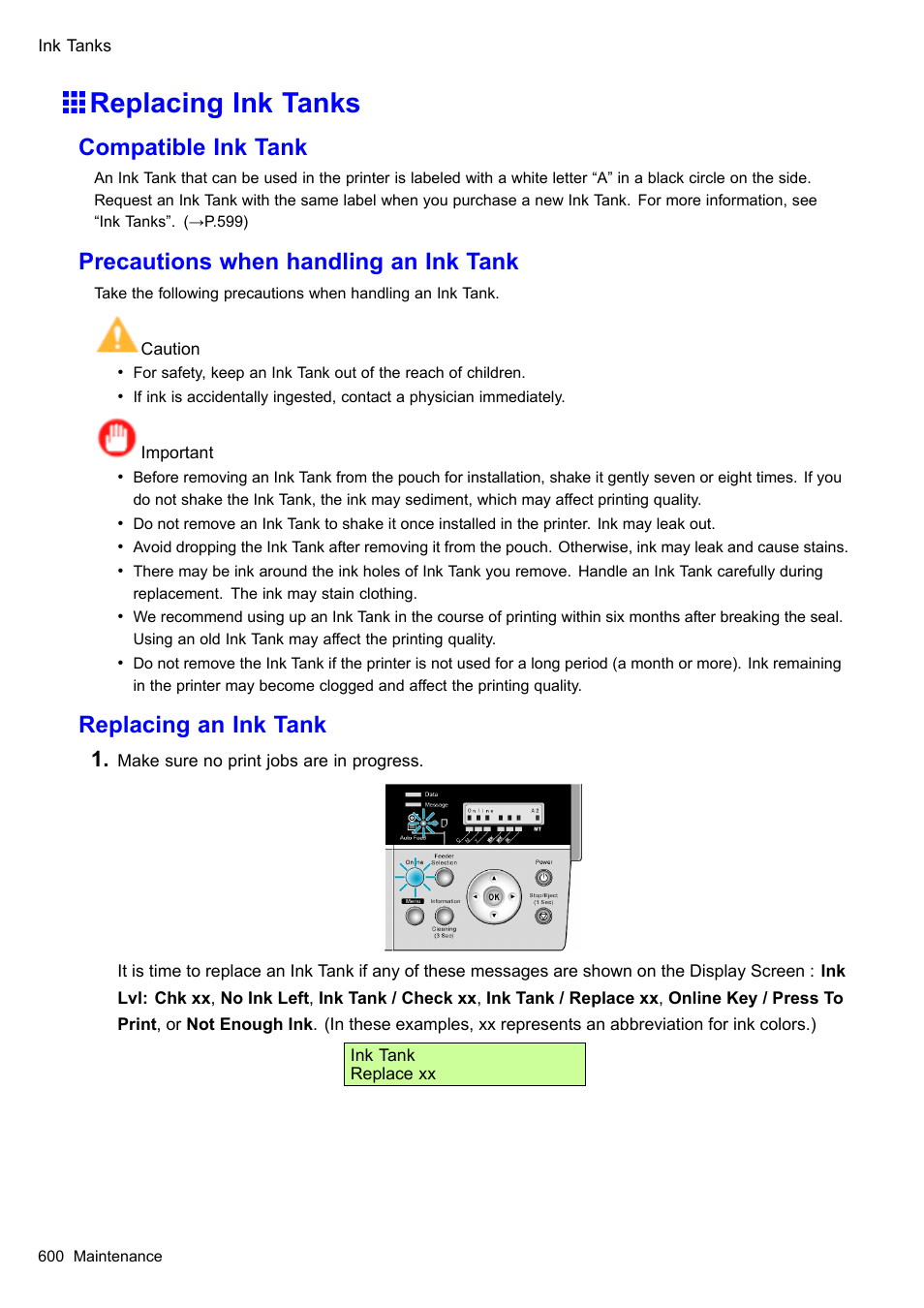 Replacing ink tanks, Compatible ink tank, Precautions when handling an ink tank | Replacing an ink tank | Canon imagePROGRAF iPF510 User Manual | Page 614 / 724