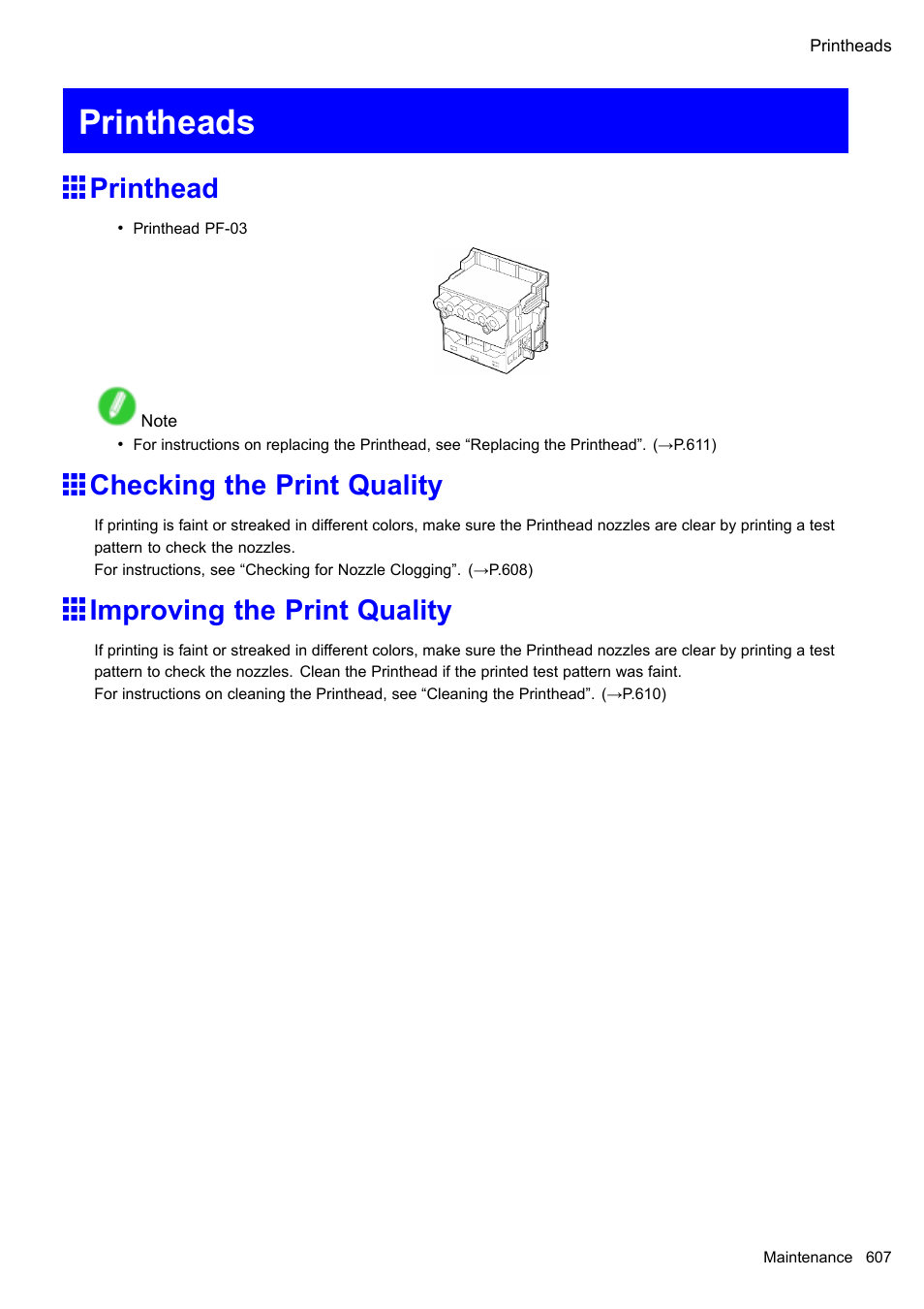 Printheads, Printhead, Checking the print quality | Improving the print quality | Canon imagePROGRAF iPF510 User Manual | Page 621 / 724