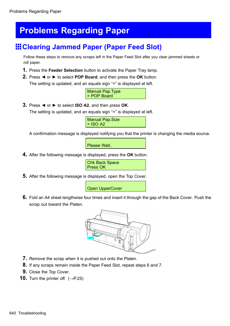Problems regarding paper, Clearing jammed paper (paper feed slot) | Canon imagePROGRAF iPF510 User Manual | Page 654 / 724