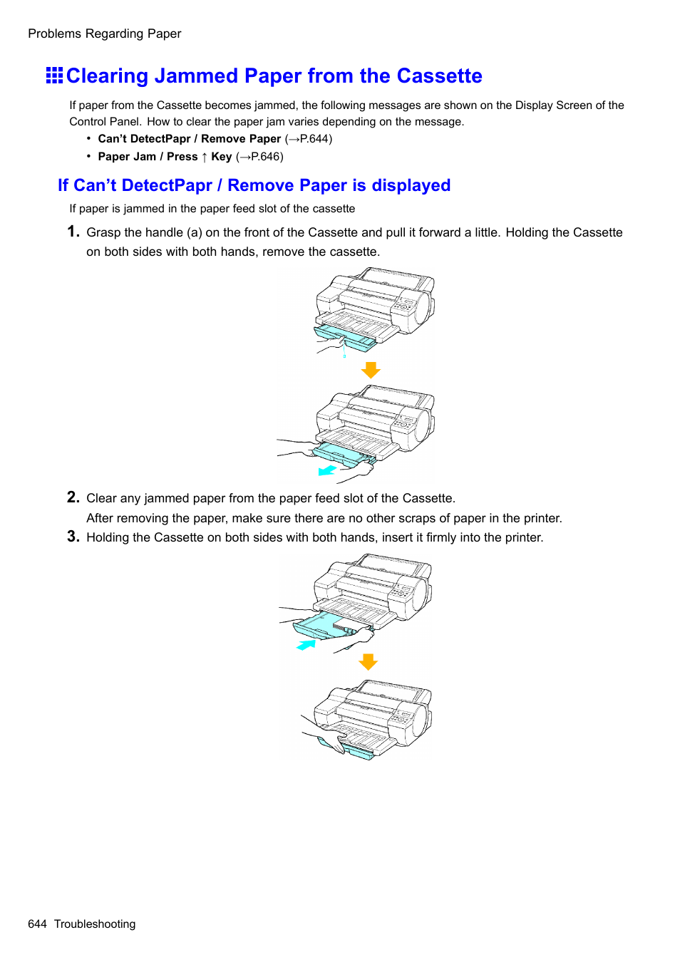 Clearing jammed paper from the cassette, If can’t detectpapr / remove paper is displayed | Canon imagePROGRAF iPF510 User Manual | Page 658 / 724