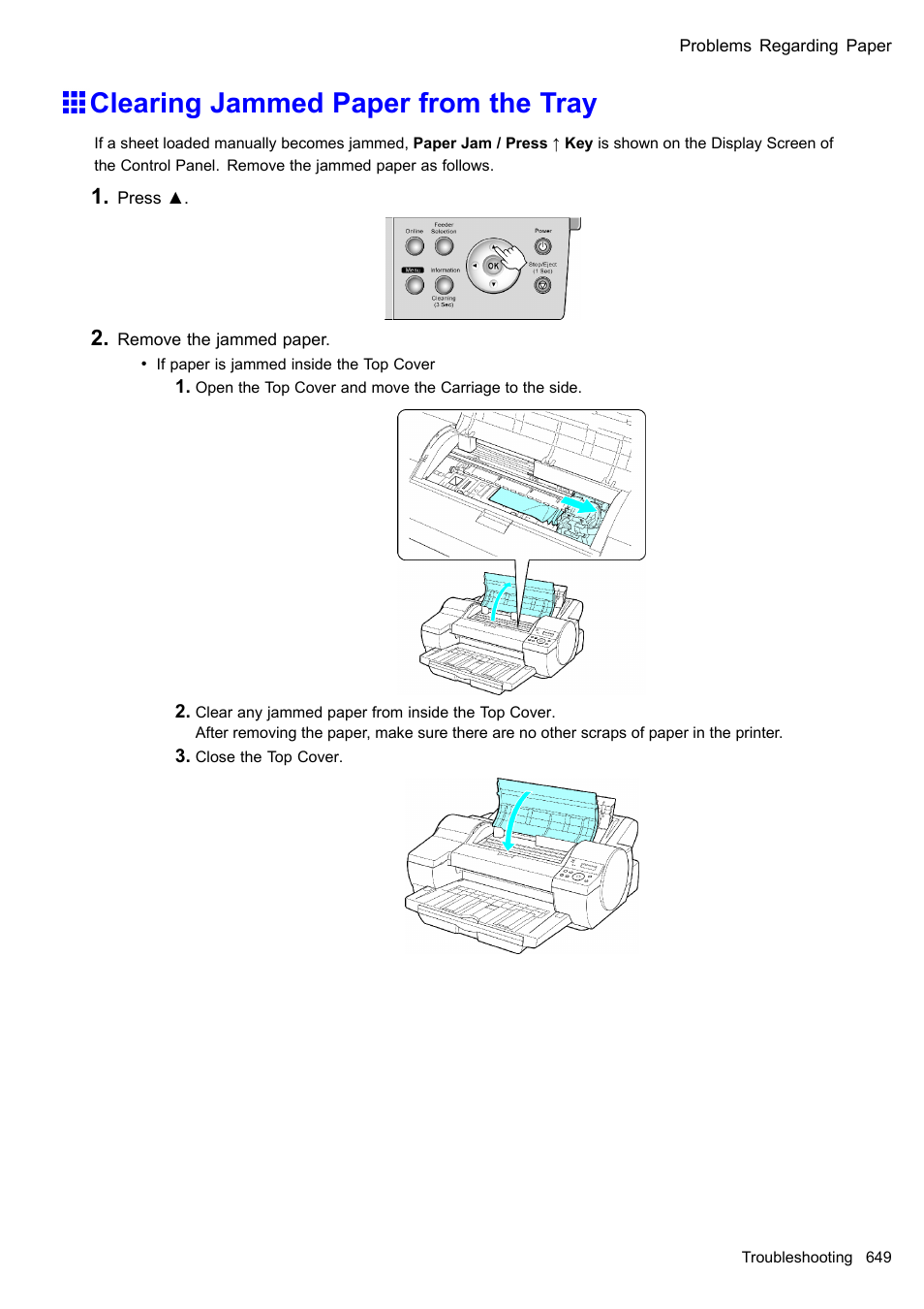 Clearing jammed paper from the tray | Canon imagePROGRAF iPF510 User Manual | Page 663 / 724