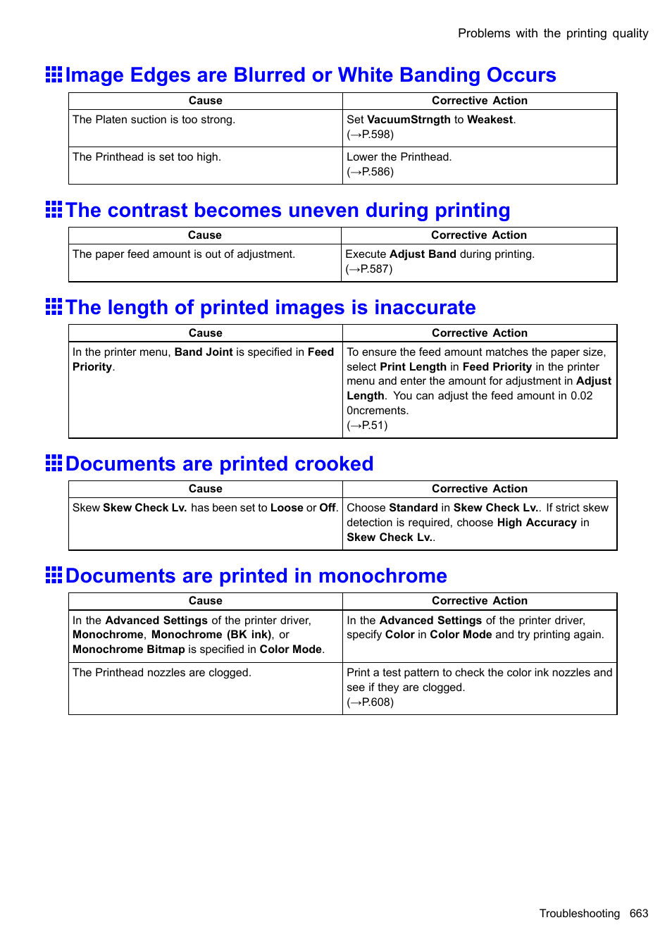 Image edges are blurred or white banding occurs, The contrast becomes uneven during printing, The length of printed images is inaccurate | Documents are printed crooked, Documents are printed in monochrome | Canon imagePROGRAF iPF510 User Manual | Page 677 / 724
