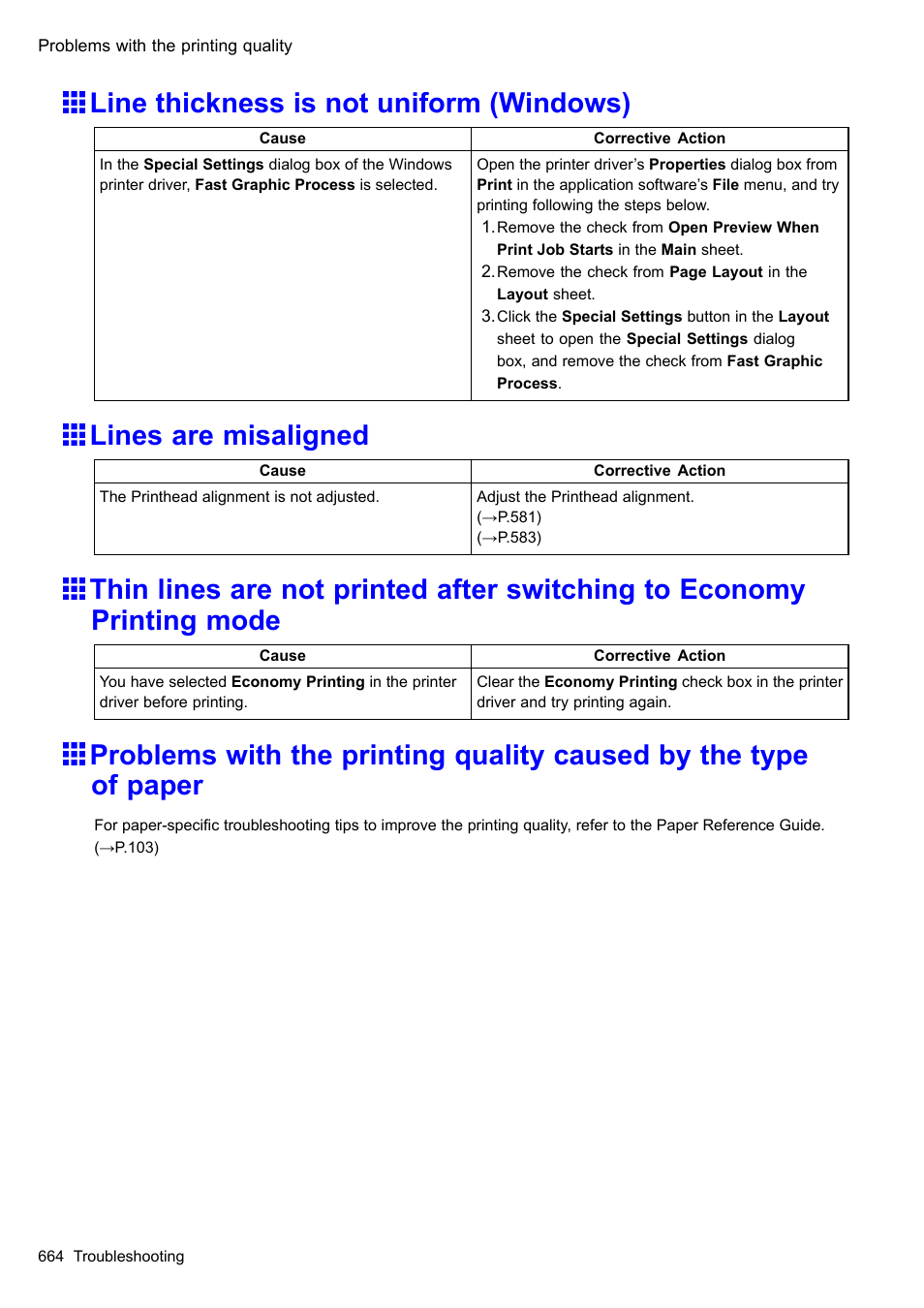 Line thickness is not uniform (windows), Lines are misaligned | Canon imagePROGRAF iPF510 User Manual | Page 678 / 724