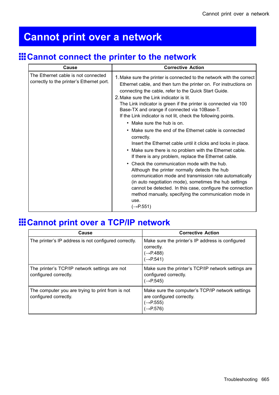 Cannot print over a network, Cannot connect the printer to the network, Cannot print over a tcp/ip network | Canon imagePROGRAF iPF510 User Manual | Page 679 / 724