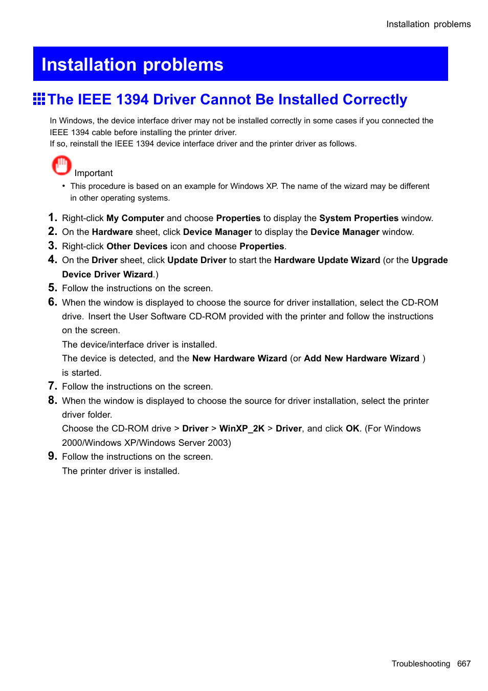 Installation problems, The ieee 1394 driver cannot be installed correctly | Canon imagePROGRAF iPF510 User Manual | Page 681 / 724