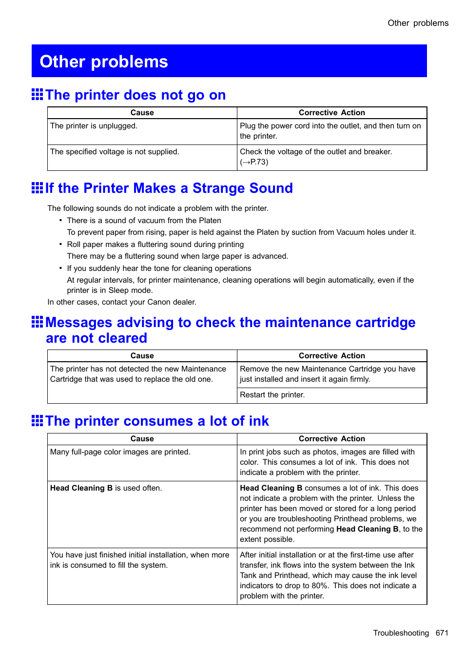 Other problems, The printer does not go on, If the printer makes a strange sound | The printer consumes a lot of ink | Canon imagePROGRAF iPF510 User Manual | Page 685 / 724