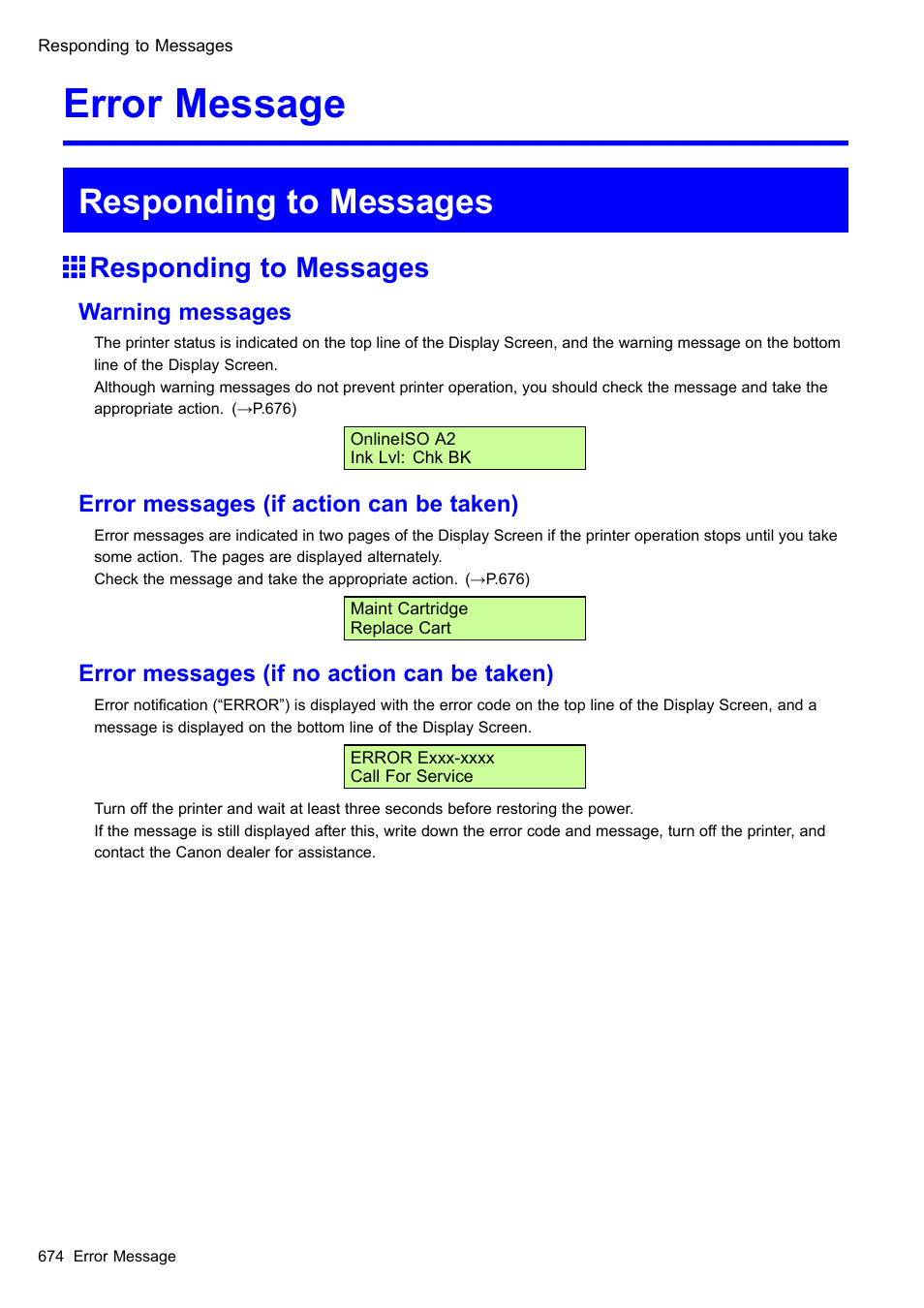 Error message, Responding to messages | Canon imagePROGRAF iPF510 User Manual | Page 688 / 724