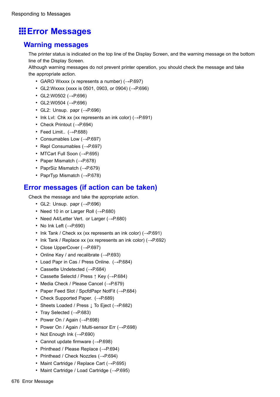 Error messages, Warning messages, Error messages (if action can be taken) | Canon imagePROGRAF iPF510 User Manual | Page 690 / 724
