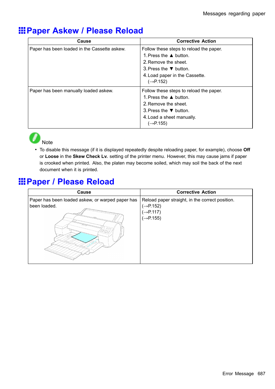 Paper askew / please reload, Paper / please reload | Canon imagePROGRAF iPF510 User Manual | Page 701 / 724