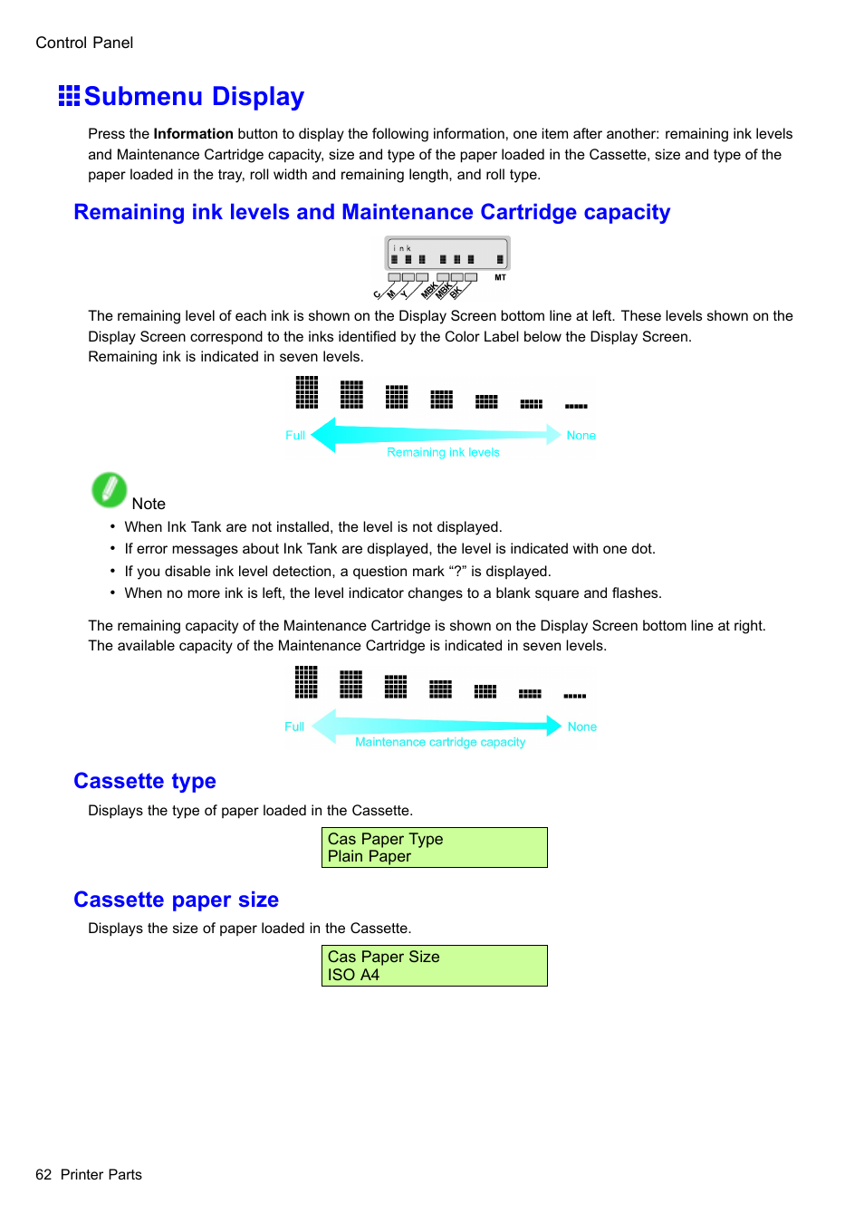 Submenu display, Cassette type, Cassette paper size | Canon imagePROGRAF iPF510 User Manual | Page 76 / 724