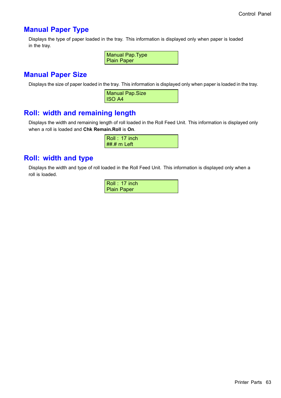 Manual paper type, Manual paper size, Roll: width and remaining length | Roll: width and type | Canon imagePROGRAF iPF510 User Manual | Page 77 / 724